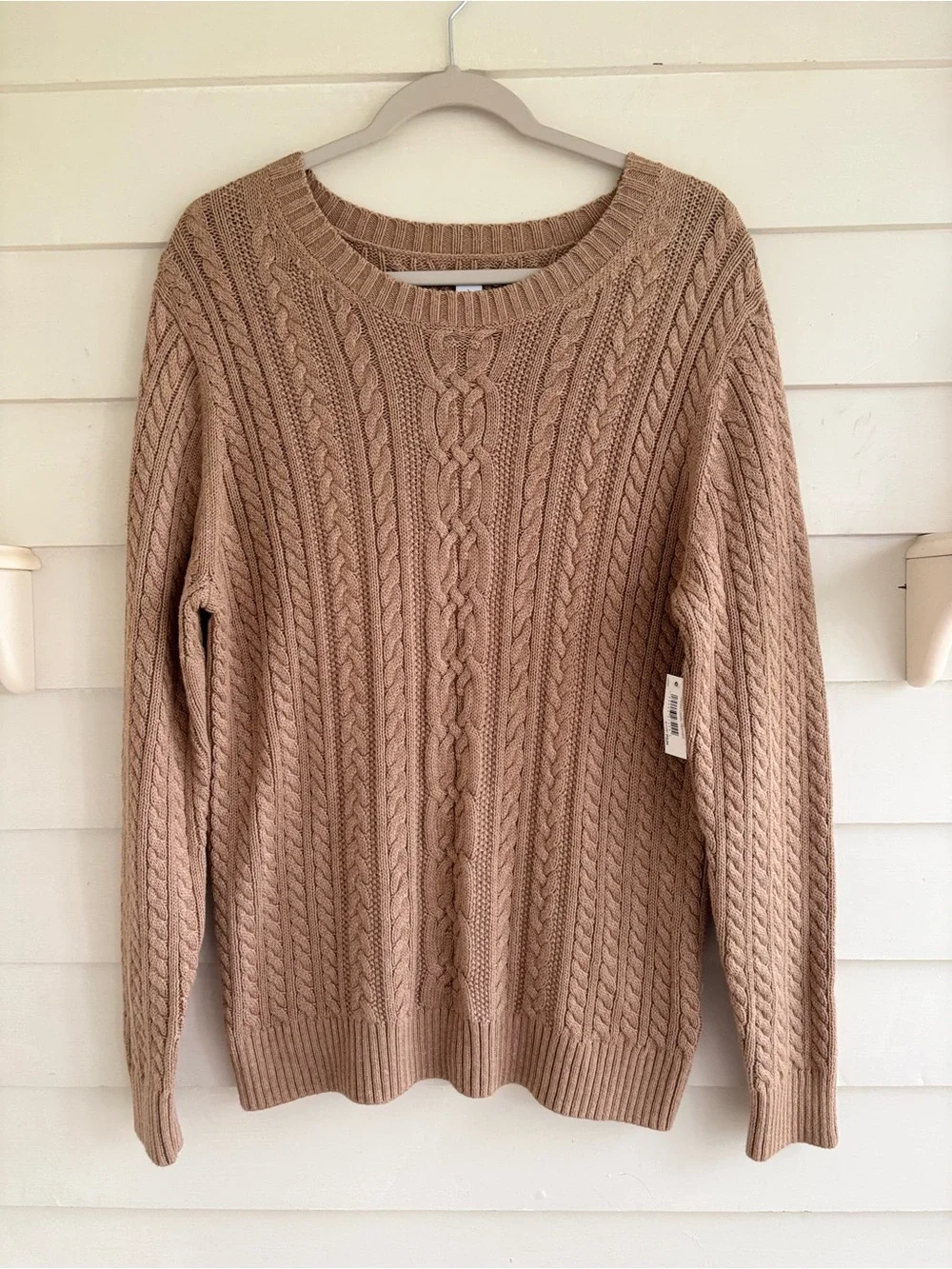 Cable Knit Crewneck Cotton Sweater in Camel Men’s Size Large